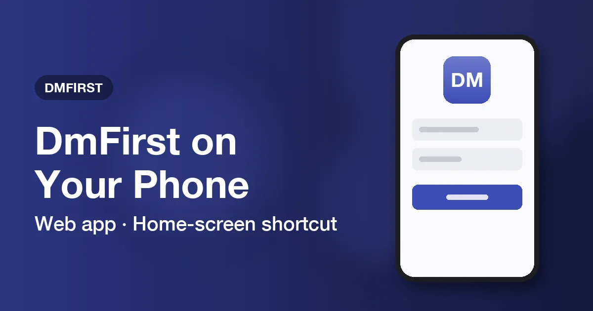 Banner for the DmFirst APK download guide covering the web app and a home-screen shortcut