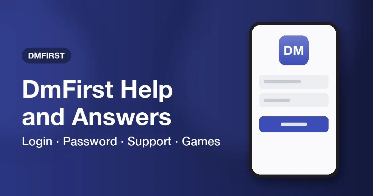 Banner for the DmFirst help page with login, password, support and games topics