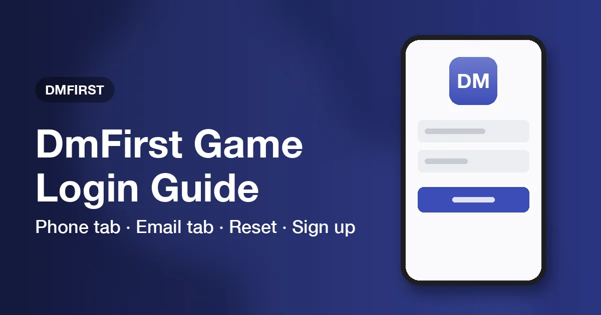 Banner titled DmFirst Game Login Guide listing phone login, email login, password reset and sign-up topics